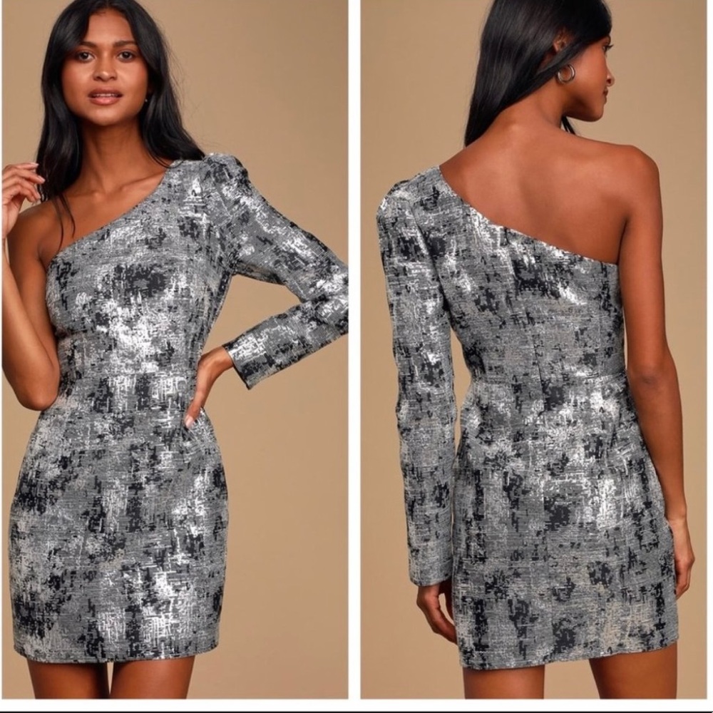 Lulus Black/Silver Jacquard One-Shoulder Mini Sm